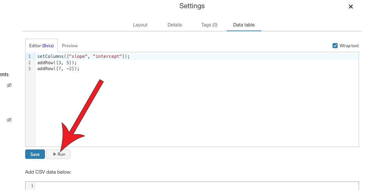 Arrow pointing at Run button below the script editor.