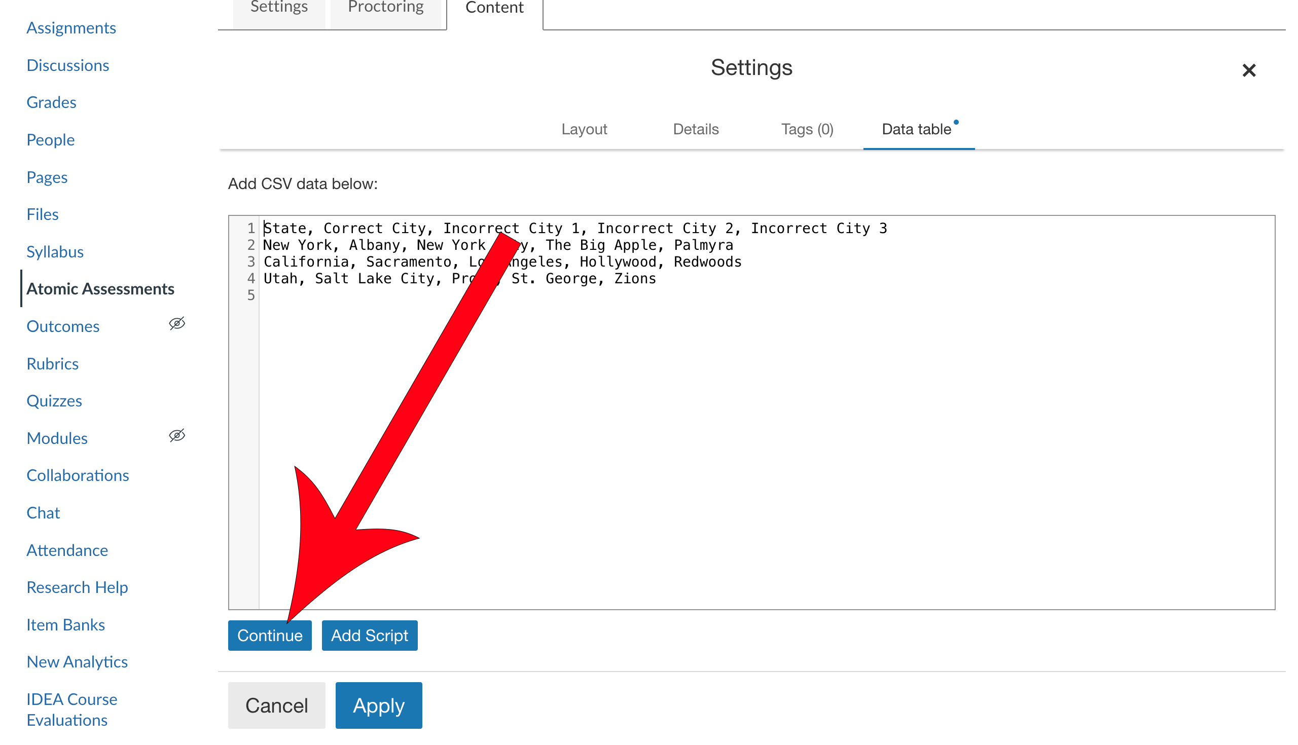 Arrow pointing at Continue button.
