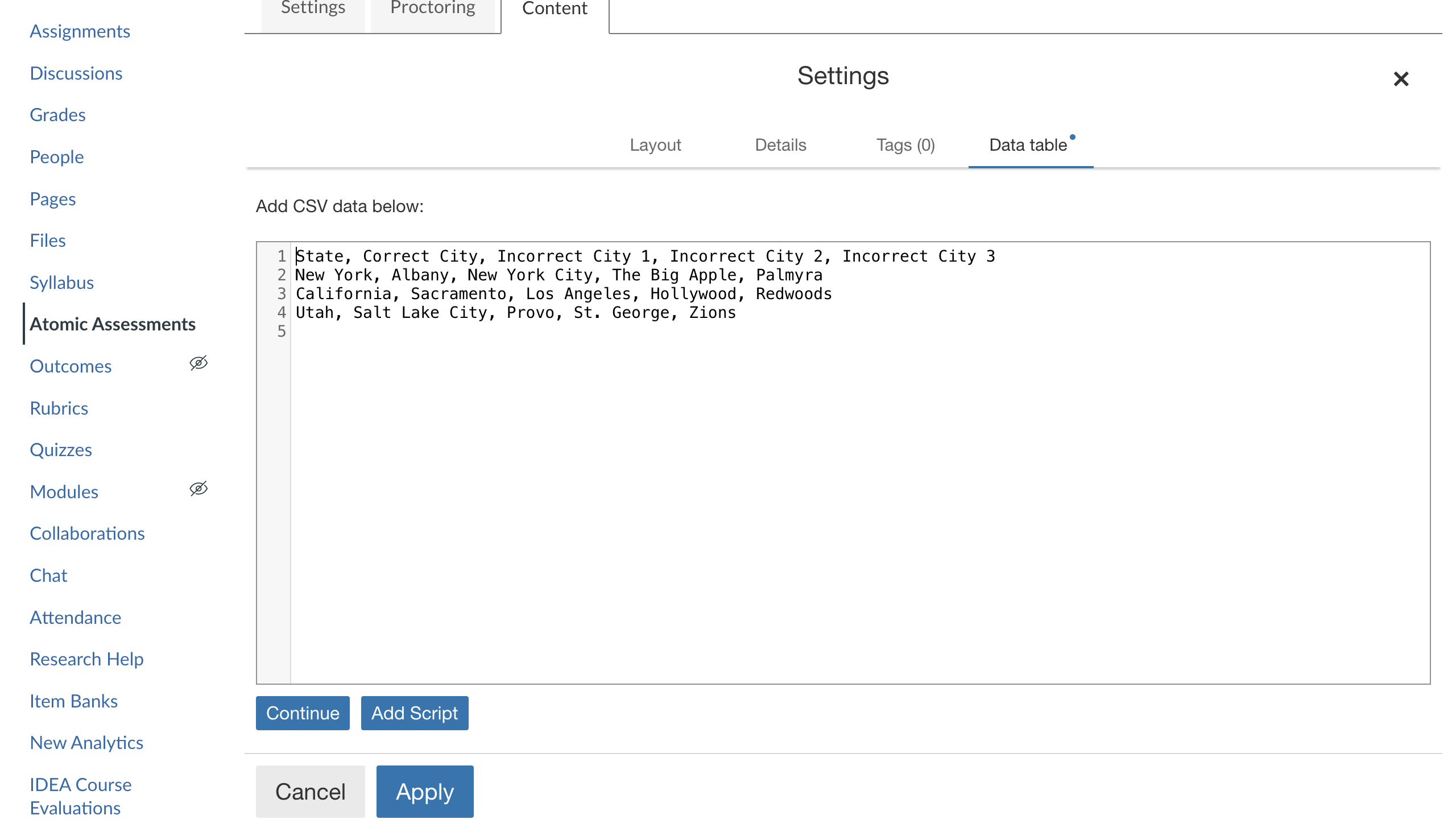 Example of CSV data that could be entered.