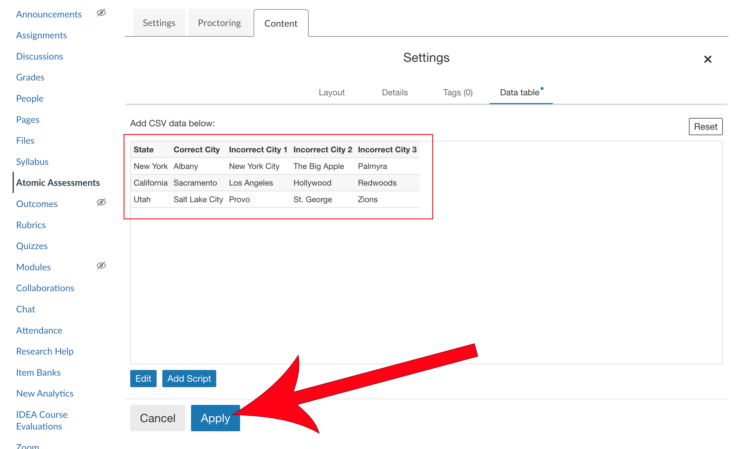 Data table preview and an arrow pointing at Apply button.
