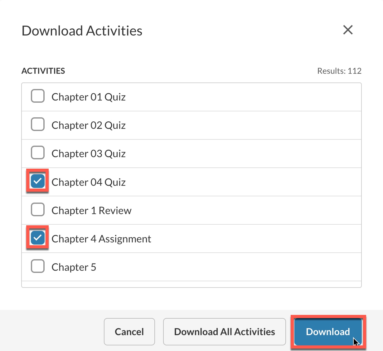 more options menu with activities selected and download button highlighted