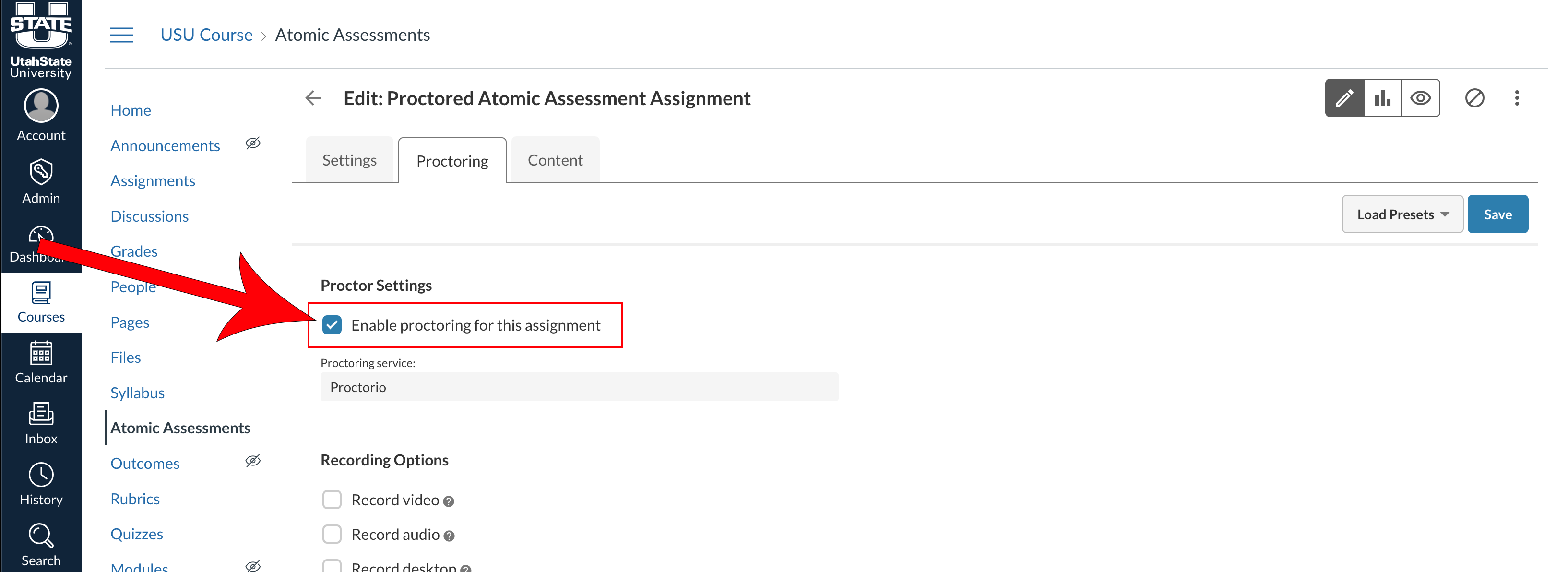 Arrow pointing at checkbox for Enable proctoring for assignment.