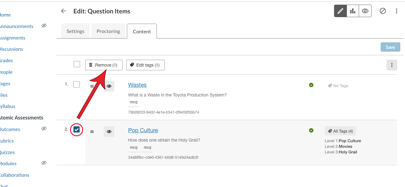 Checkbox highlighted with arrow pointing at Remove button.