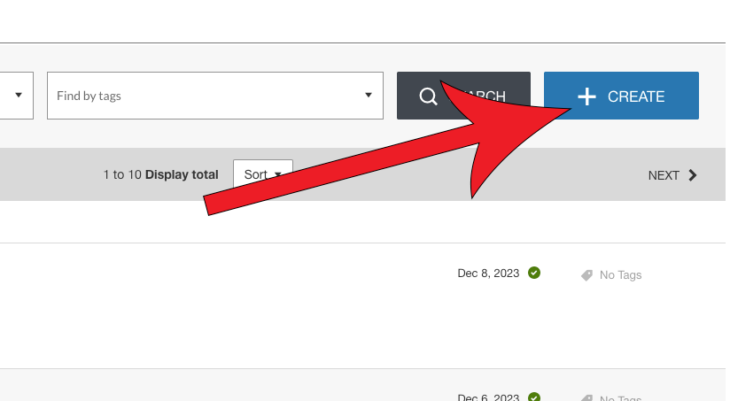 Arrow pointing at + Create button.