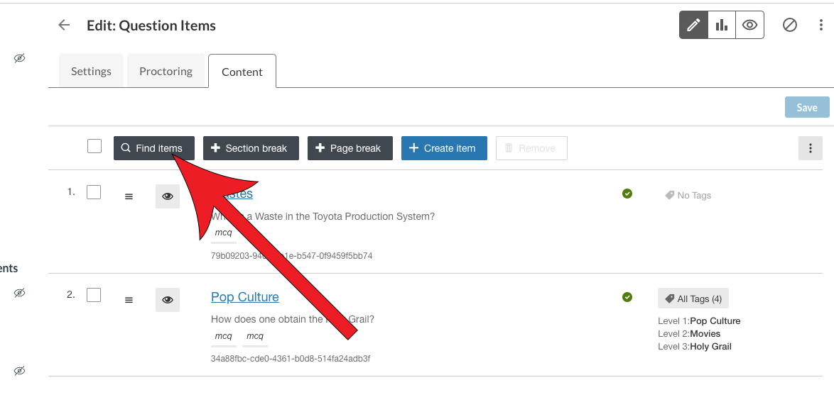 Arrow pointing at Find Items button.