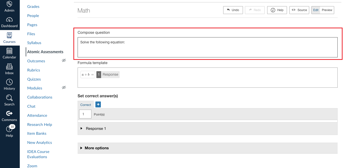 Compose question box highlighted with the text "Solve the following equation:" entered within.