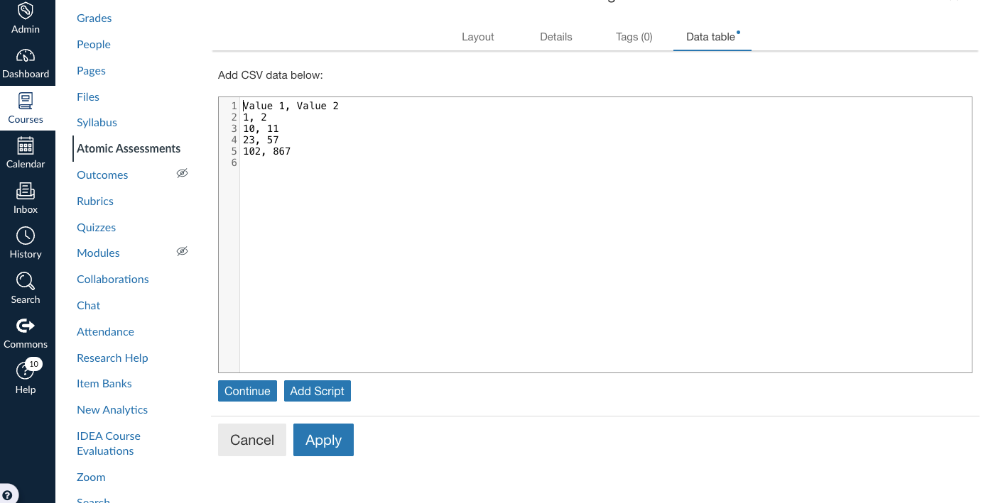 Preview of data table tab with data entered in the field.