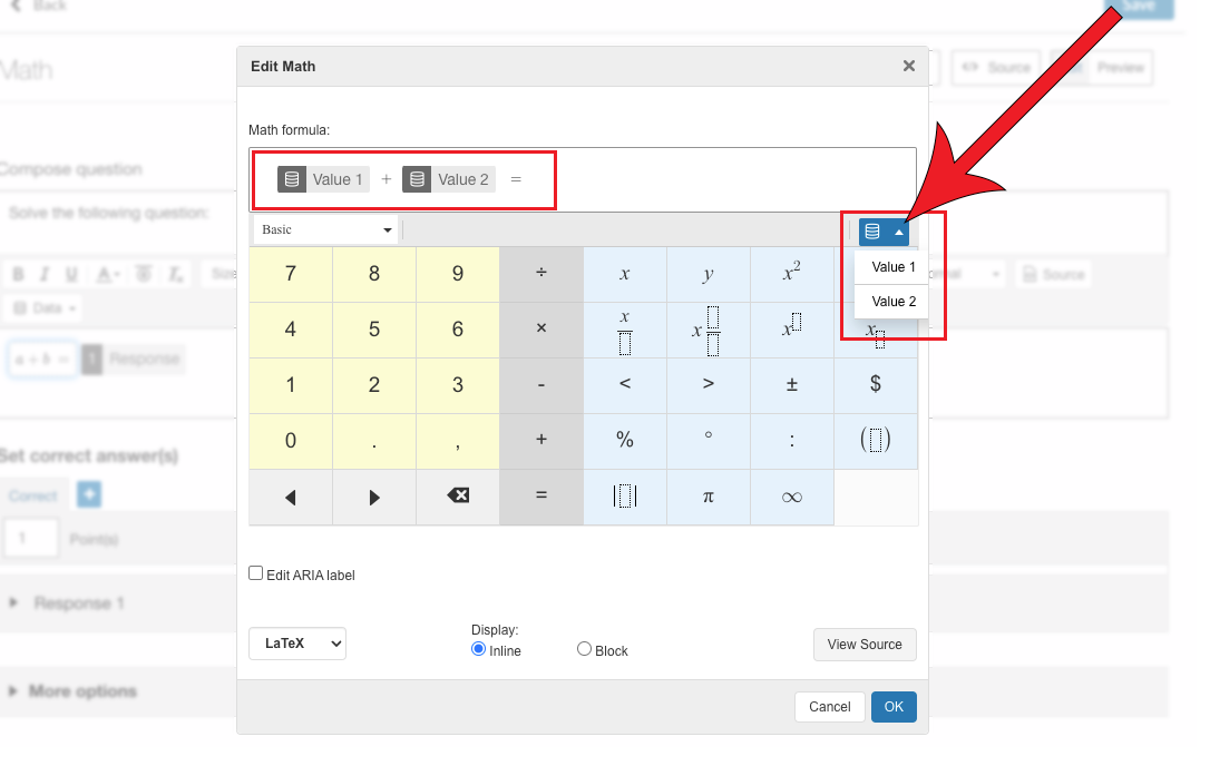 Formula box highlighted with [Variable 1] + [Variable 2] and with an arrow pointing at an expanded dropdown to the right side of the formula.