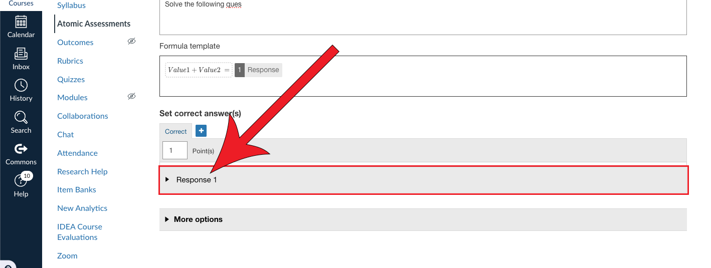 Arrow pointing at dropdown that says Response 1.