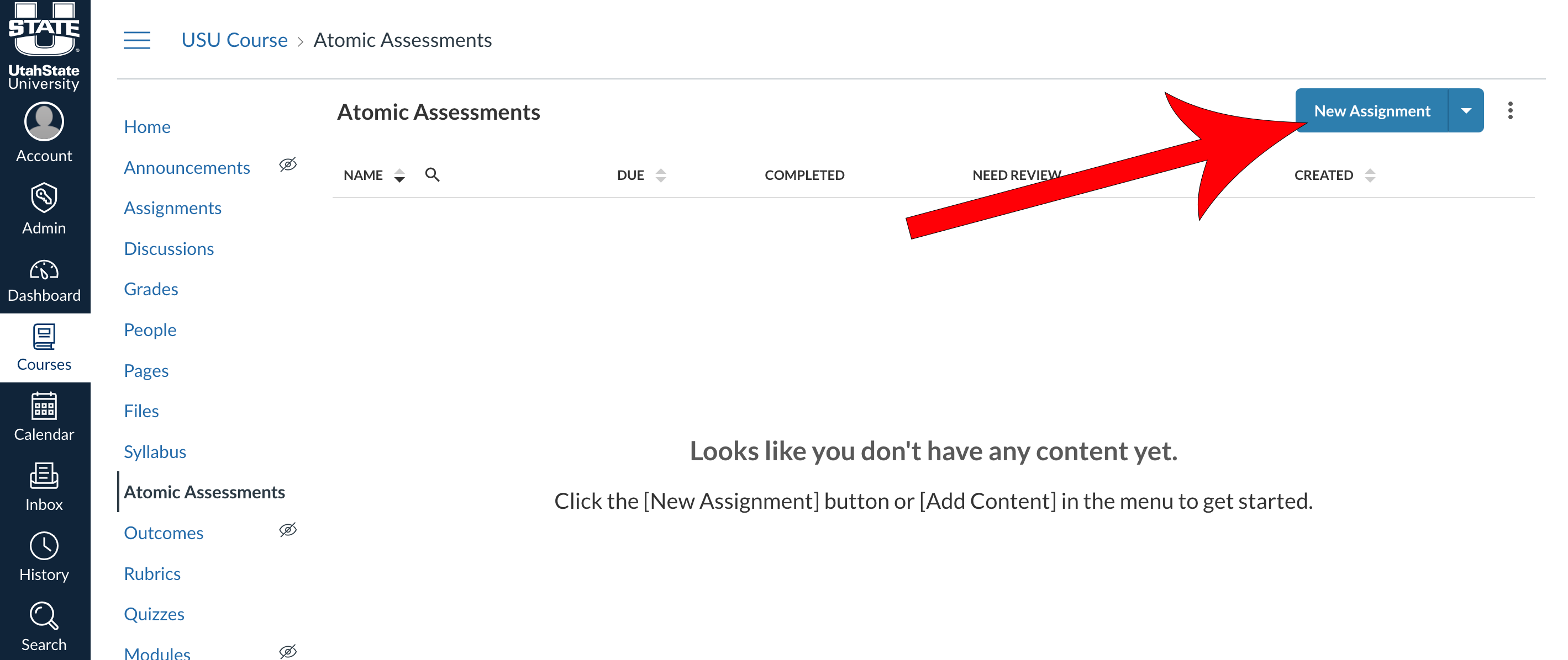 Arrow pointing at blue New Assignment button in the top right corner.