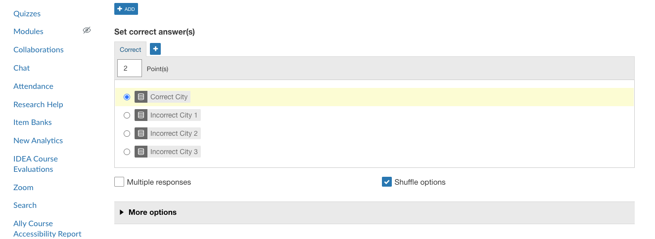 Set correct answer(s) setting with Correct City highlighted and selected.