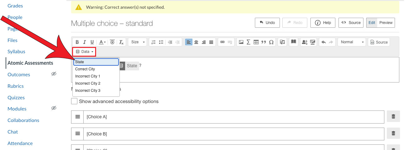 Arrow pointing at State option in the Data dropdown.