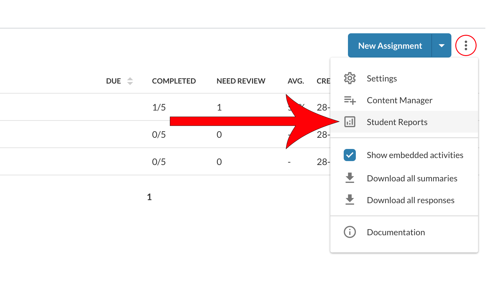 More Options, 3 dots highlighted, with an arrow pointing at Student Reports option.