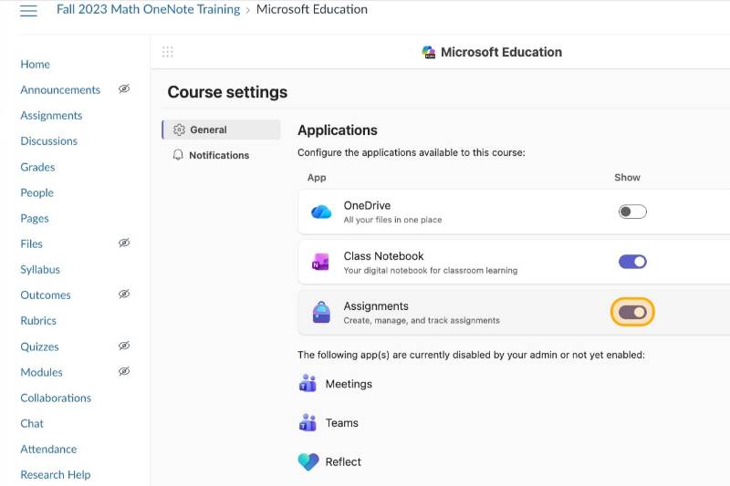 Toggle for Assignments