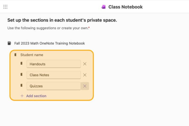 Notebook sections selection