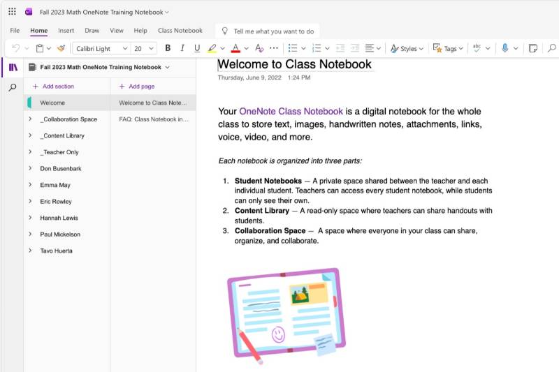 Onenote Class Notebook open on screen