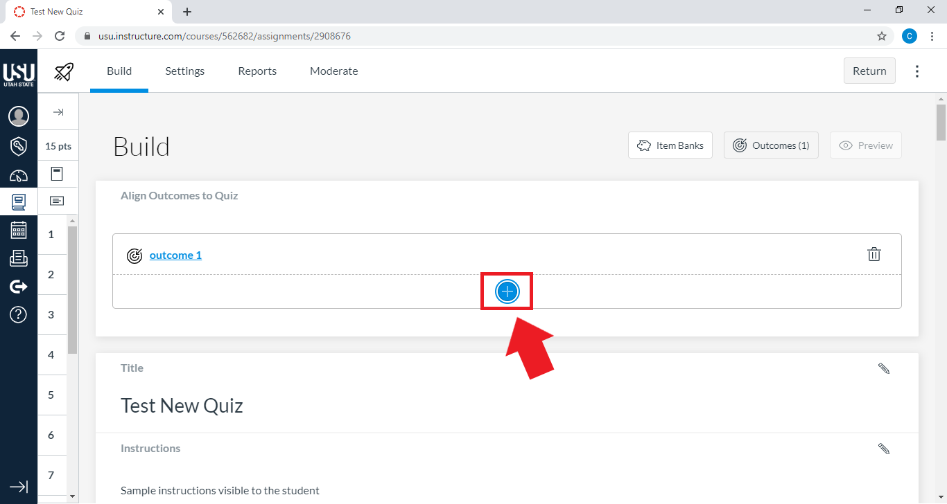 plus highlighted to add outcome to quiz