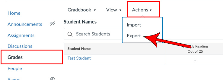 grades tab highlighted, actions dropdown highlighted, and an arrow pointing at export