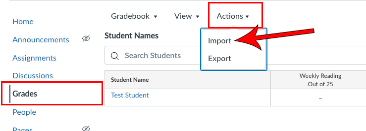 grades tab highlighted, actions dropdown highlighted, and an arrow pointing at import
