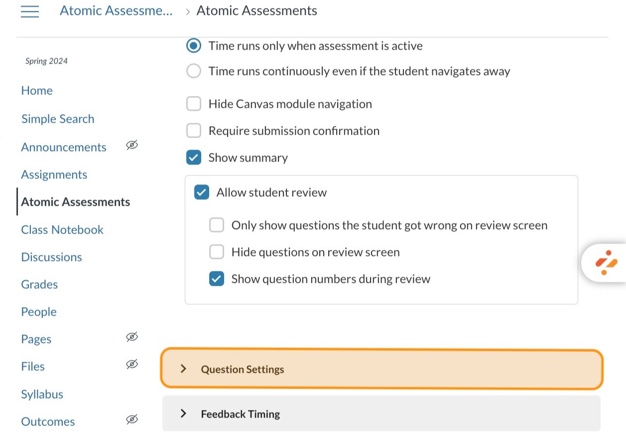 Question Settings highlighted in orange.