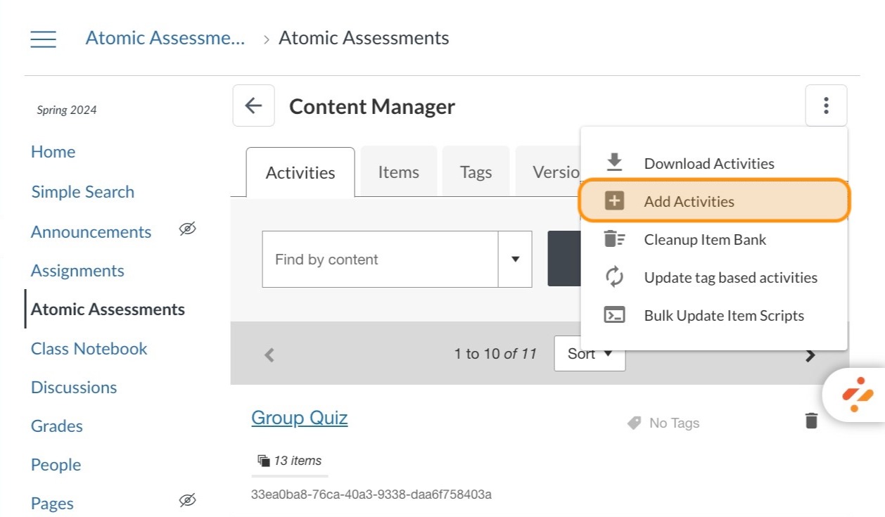 Add Activities menu item highlighted in orange.
