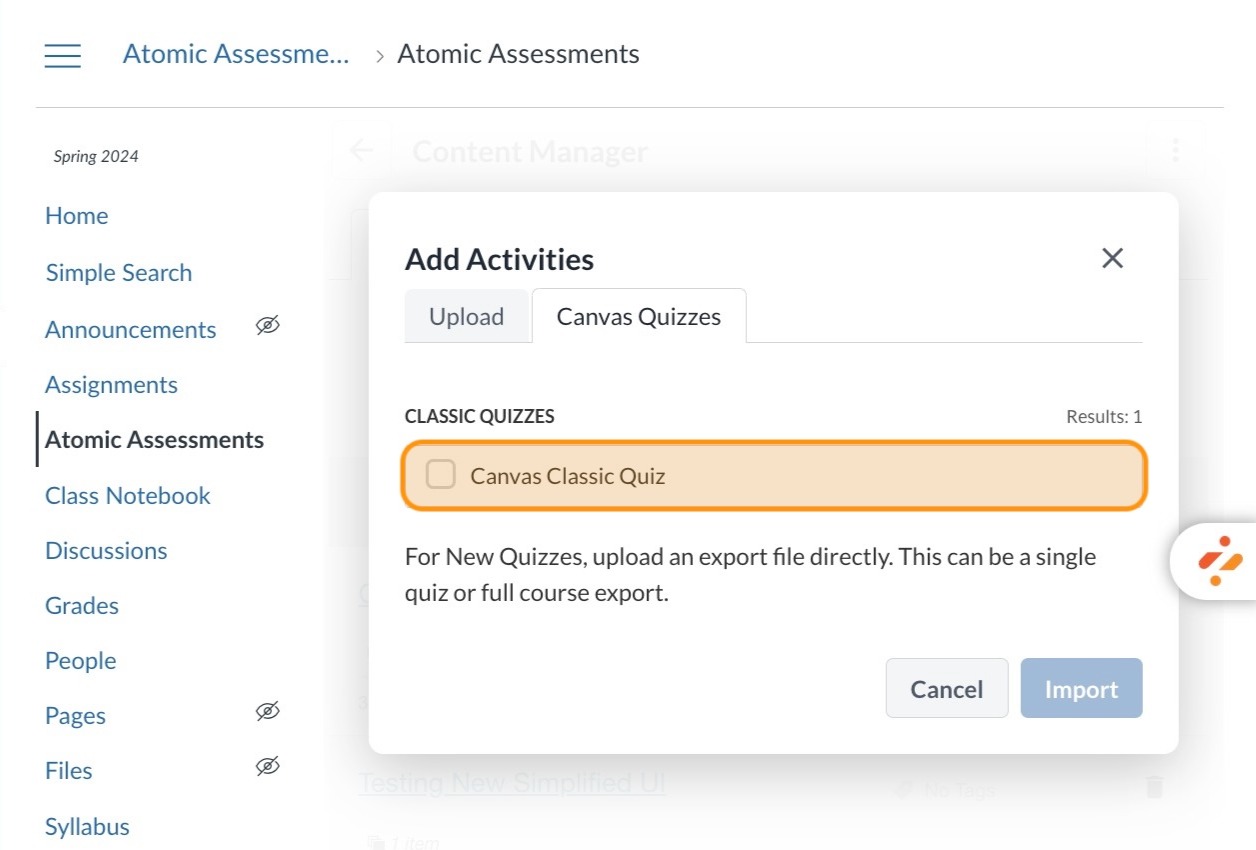 Classic Canvas Quiz with checkbox highlighted in orange.