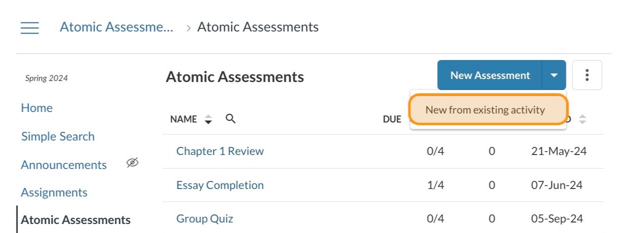 New from existing activity menu item highlighted in orange.