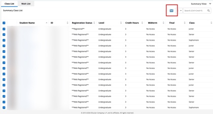 Class list in Banner with student names checked and email icon highlighted