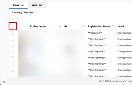 Class list in Banner with checkbox to select all students highlighted