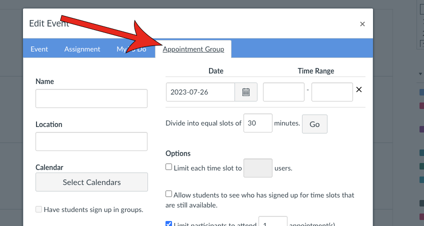 Arrow pointing at Appointment Group tab.