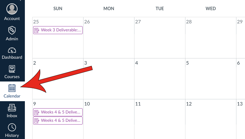 Arrow pointing at Canvas Calendar link in right navigation.