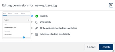 file editing permissions window with publish checked and other options of unpublish, only available to students with link, and scheduler student availability