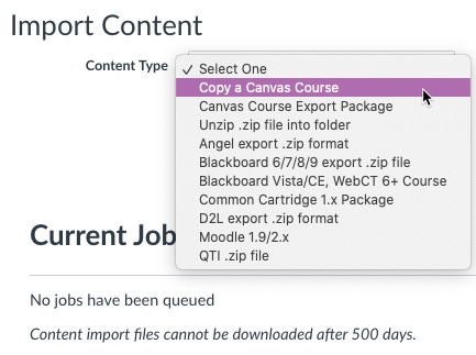 Canvas Import Content page with content type of copy a canvas course highlighted