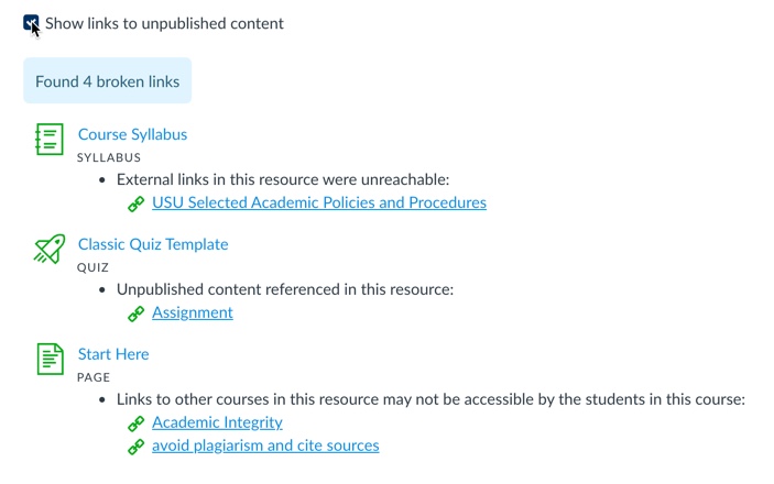 link validation report that shows 4 broken links were found: one broken link in the course syllabus, one in a quiz, and two on the start here page