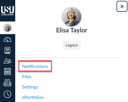 Canvas page with user profile selected and Notifications link highlighted