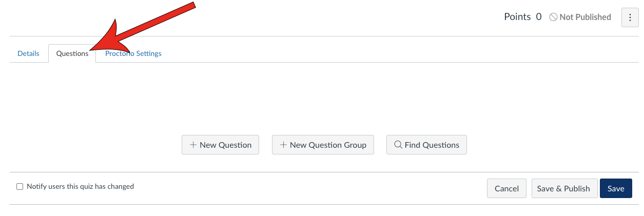 Arrow pointing at Questions tab with preview of adding questions settings.