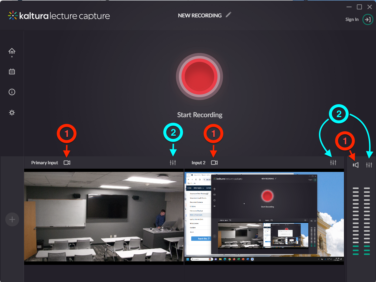locations to configure video and audio in Kaltura Classroom app