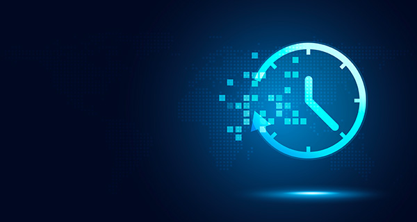 An analog clock overlayd by decorative pixels