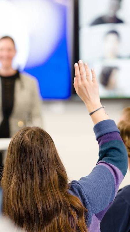 Student raising their hand in a classroom.