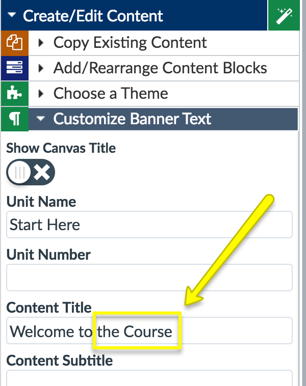 content title field highlighted under customize banner text dropdown