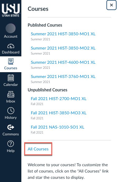 User account course menu with all courses highlighted