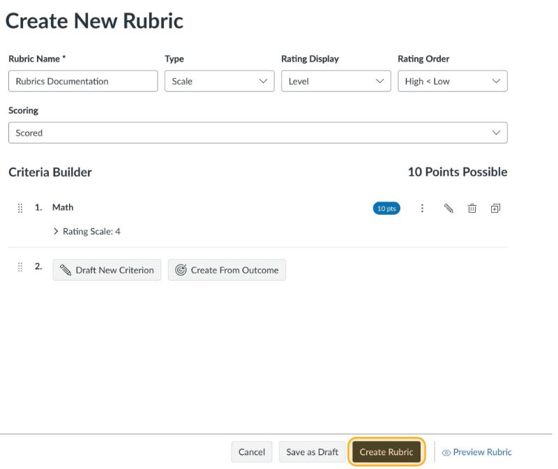 Create Rubric button highlighted in orange.