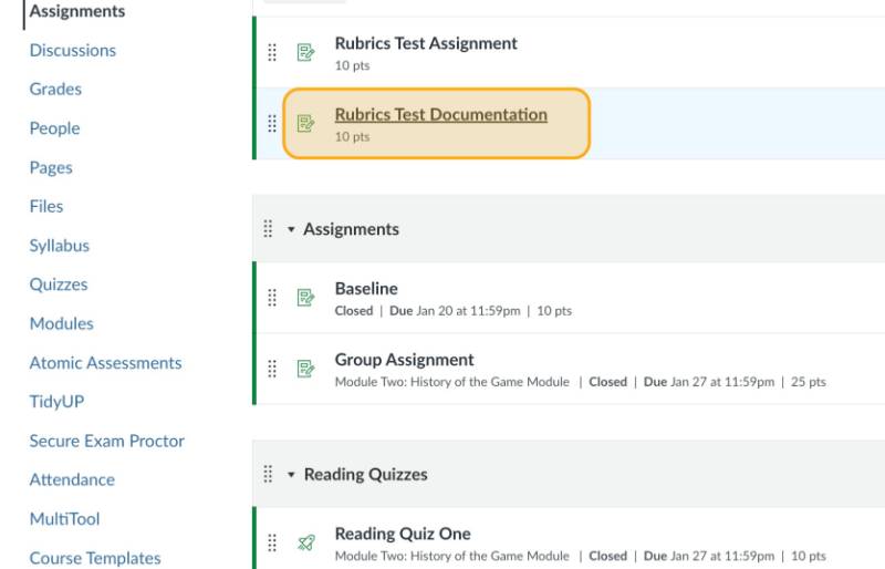 List of assignments in canvas