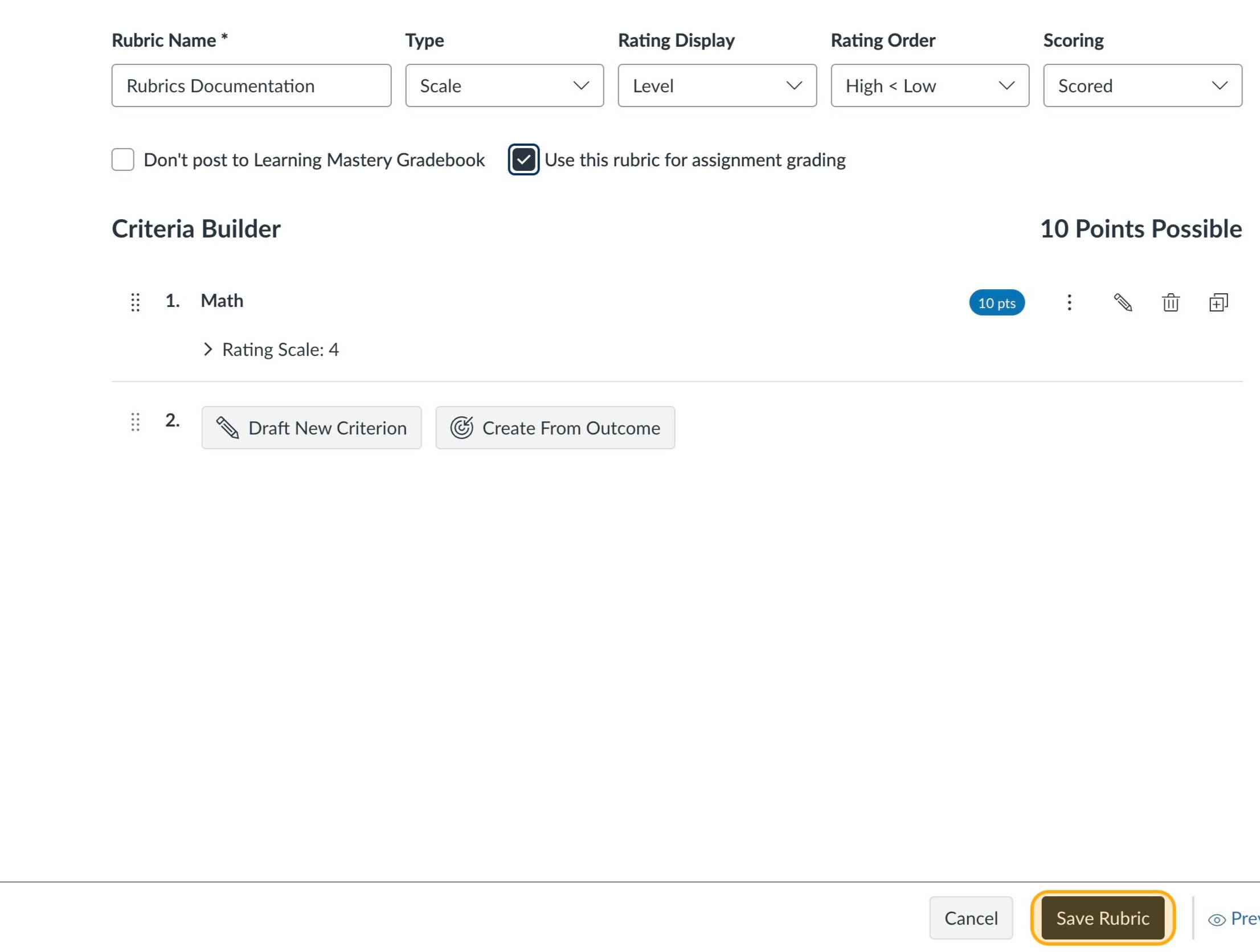 Save Rubric button highlighted in orange.