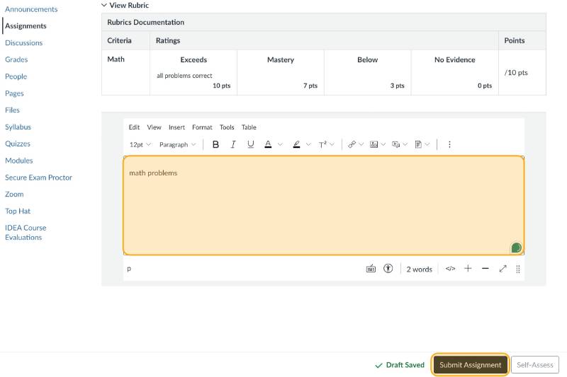 Submit Assignmnet highlighted in orange