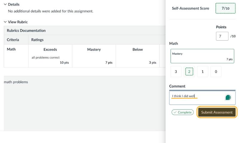 Submit Assessment highlighted in orange
