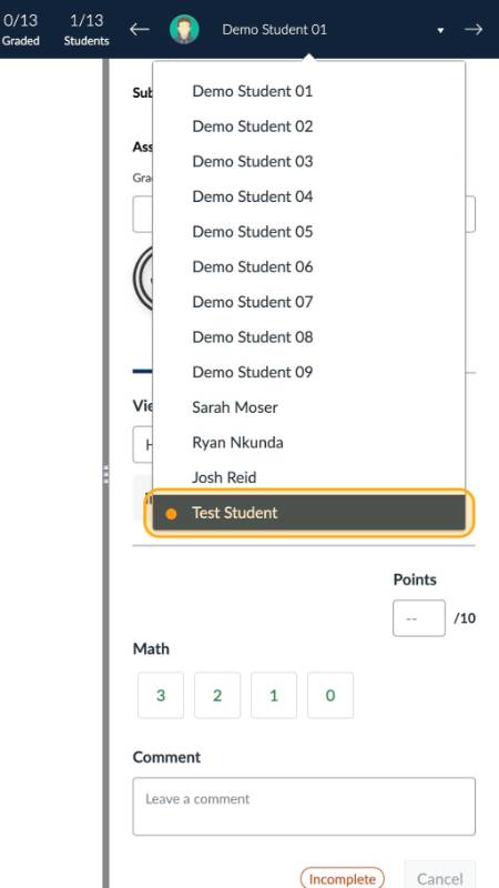 Student selection on dropdown list.