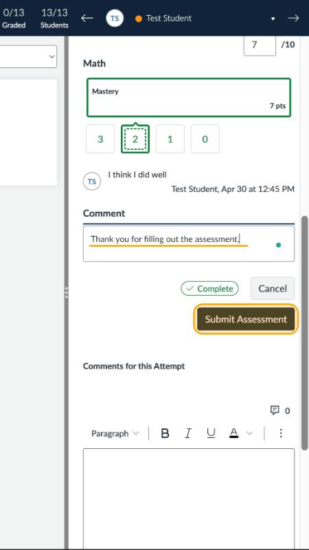 Submit Assessment button highlighted in orange.