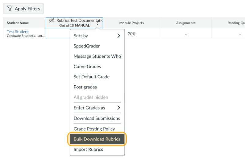 Bulk Download Rubrics on dropdown list.