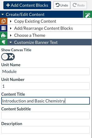 Customize the banner text in design tools on a content page.